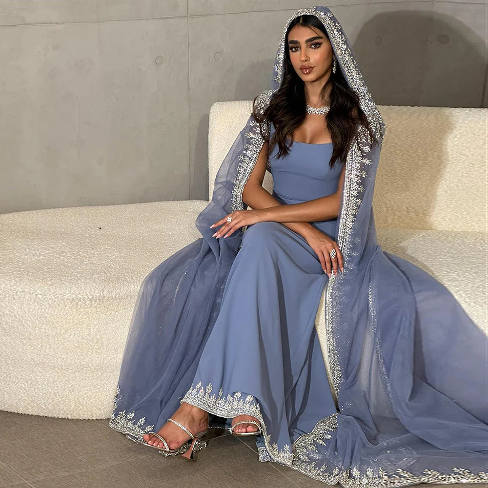Luxury Crystal Blue Mermaid Square Backless Evening Dresses with Cape Sleeves
